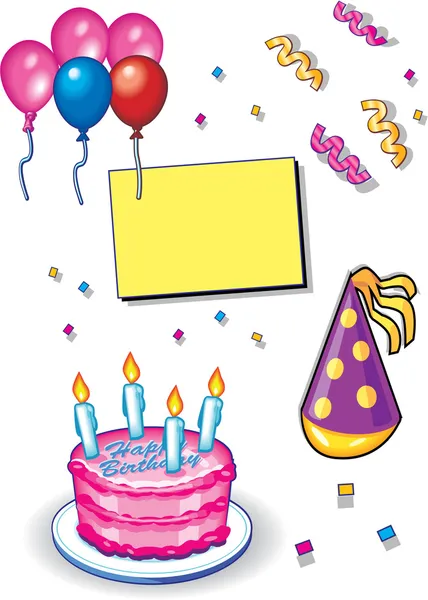 生日蛋糕邀请和气球 — 图库矢量图片