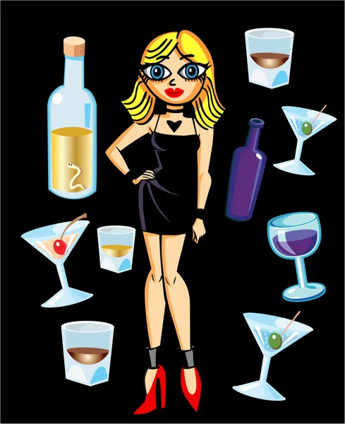 Chica rubia con Martini y licor — Vector de stock