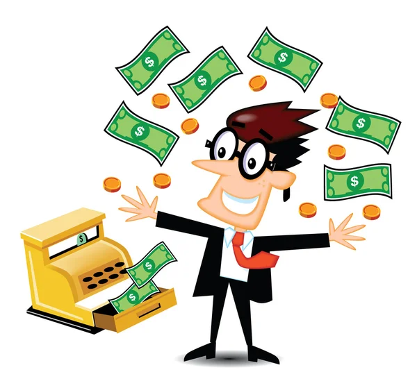 Homme d'affaires avec caisse enregistreuse et dessin animé de l'argent — Image vectorielle