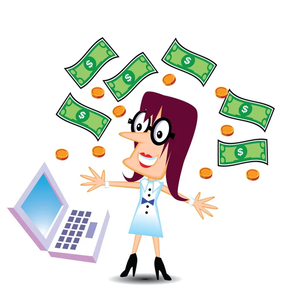Businesswoman with Computer and Money — Stock Vector