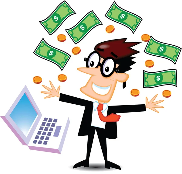 Businessman with Computer and Money Cartoon — Stock Vector