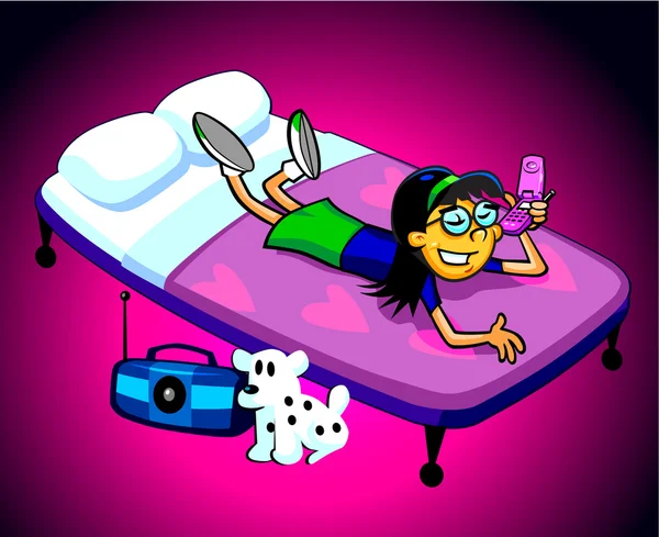 Asiatico ragazza su un letto cartoni animati — Vettoriale Stock