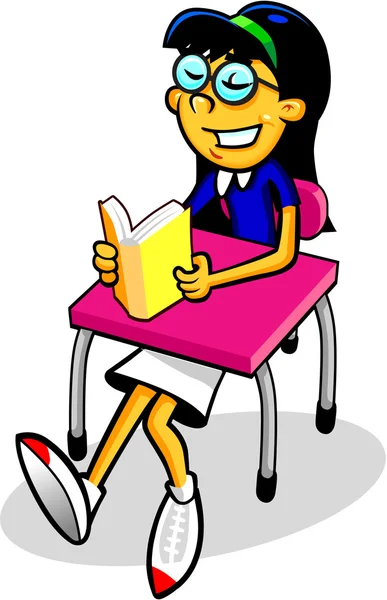 Asian Girl at Desk Cartoon — Stock Vector