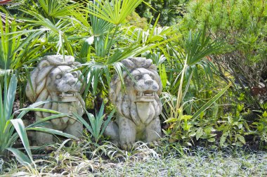 Chinese lion statue in garden clipart