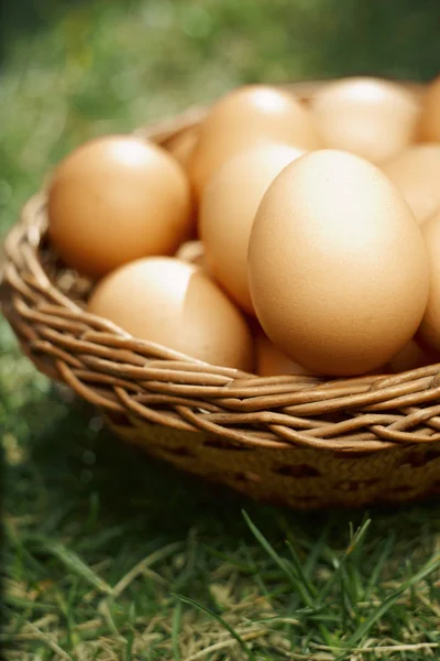 Easter eggs in brown natural basket — Stock Photo, Image