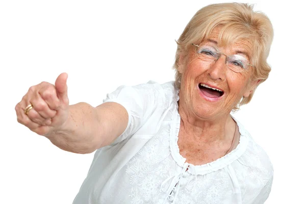 Happy senior kvinna visar positivitet. — Stockfoto