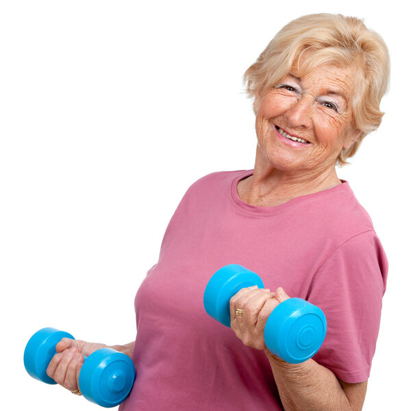 Portrait of senior woman with weights.