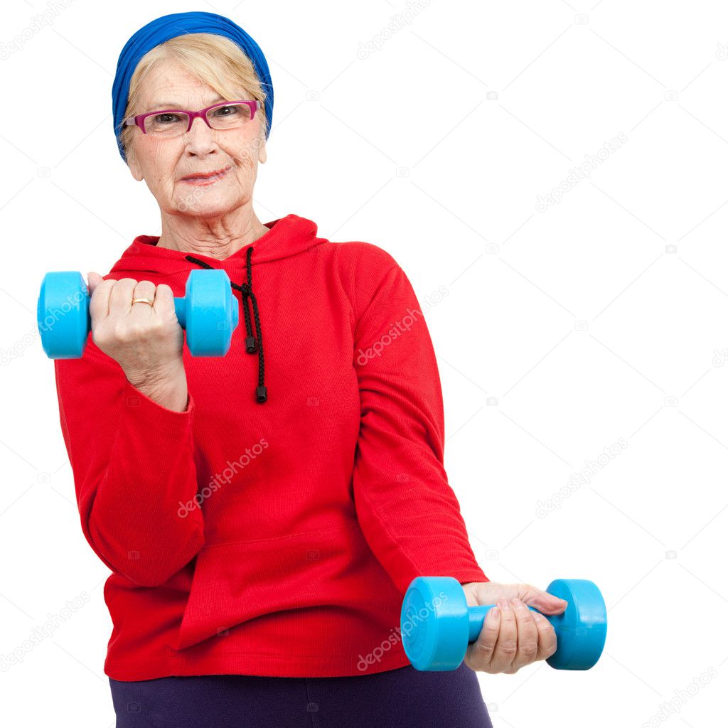 Elderly woman with weights.