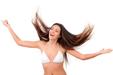 Happy Young woman raising hands. clipart