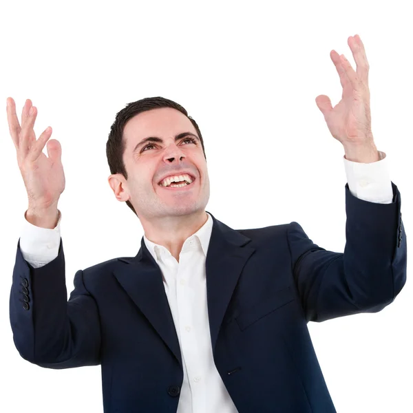 Portrait of happy business man raising hands — Stock Photo, Image