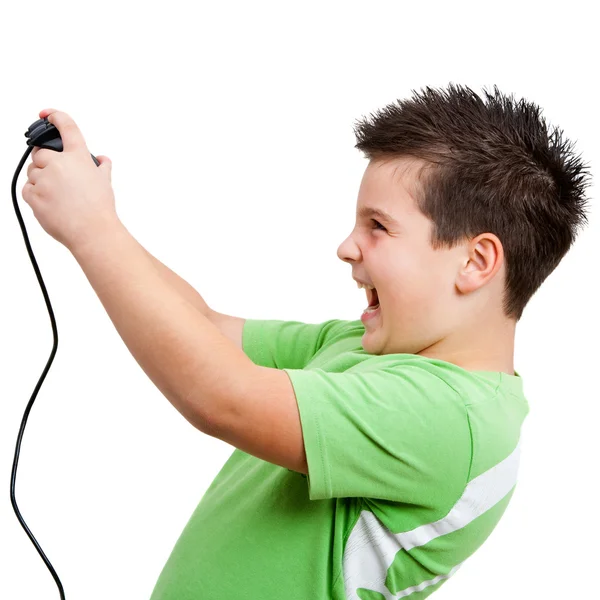 Junge spielt mit Spielkonsole — Stockfoto