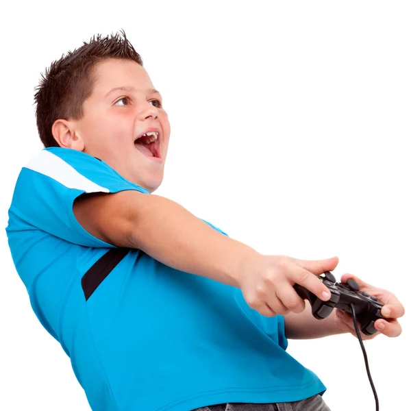 Мальчик-подросток играет с консолью — стоковое фото