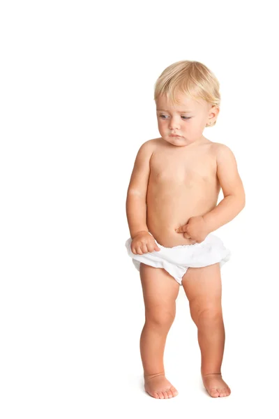Toddler pointing with finger on tummy — Stock Photo, Image