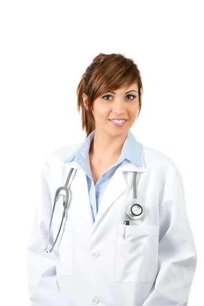 Médico fêmea atraente isolado em branco . — Fotografia de Stock