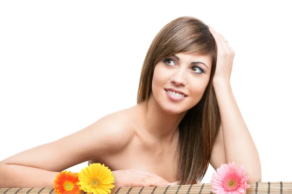 Buautiful female face with flowers. — Stock Photo, Image