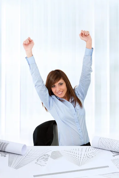 Business woman raising hands. — Stock Photo, Image