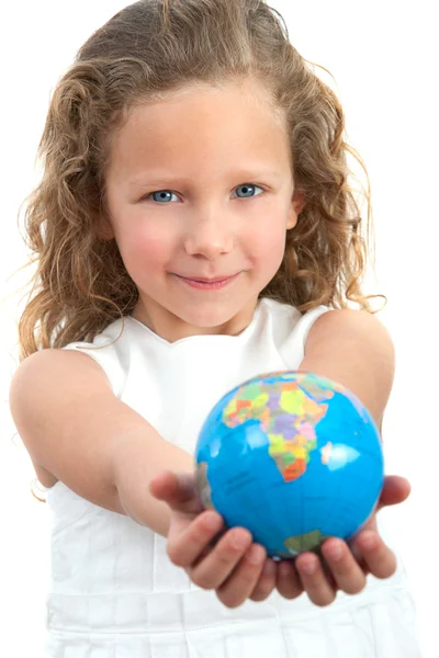 stock image Young girl holding earth sphere.