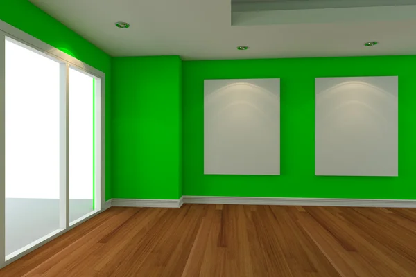 Картина на зеленой стене. Украшенная стеклянная дверь с — стоковое фото