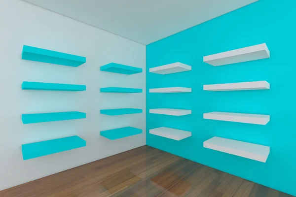 Regale mit leerem blauen Raum — Stockfoto