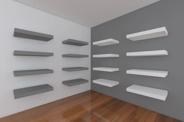 Shelves with empty gray room — Stock Photo, Image