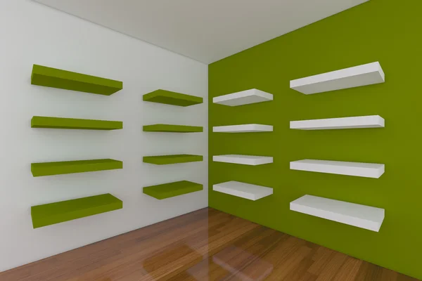 Regale mit leerem grünen Raum — Stockfoto