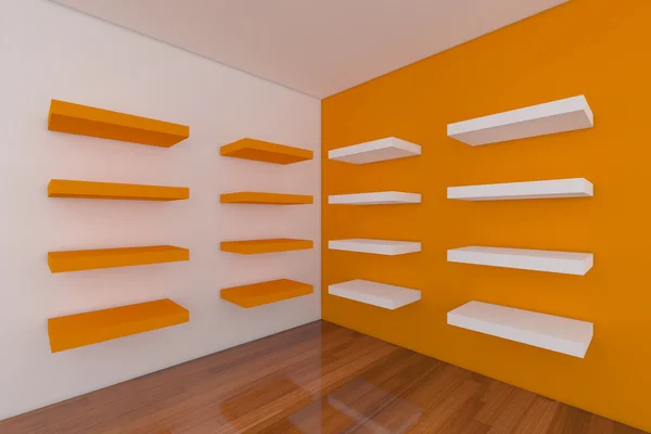 Prateleiras com sala laranja vazia — Fotografia de Stock
