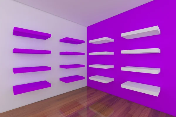 Regale mit leerem violetten Raum — Stockfoto
