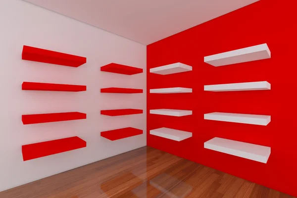 Regale mit leerem roten Raum — Stockfoto
