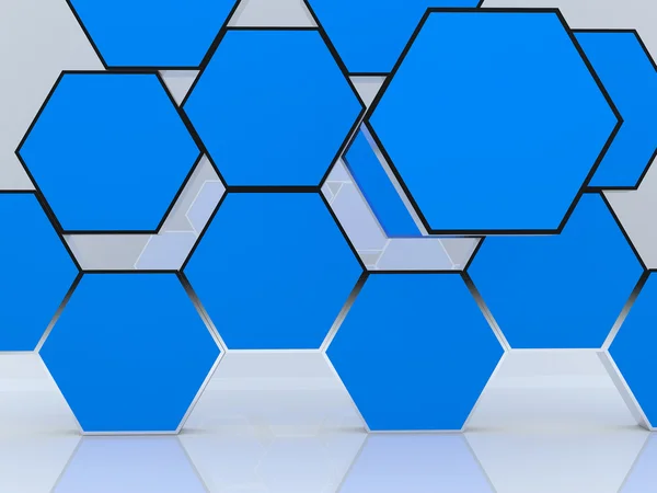 3D blanc abstrait bleu hexagone boîte affichage — Photo