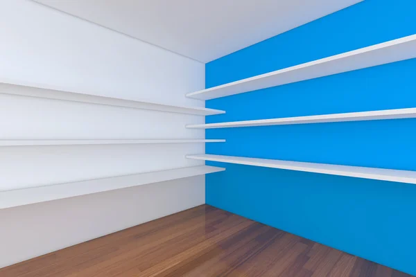 Полки с пустой синей комнатой — стоковое фото