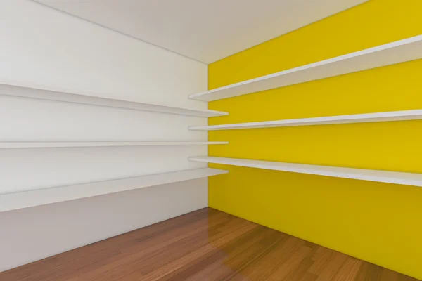Полки с пустой желтой комнатой — стоковое фото