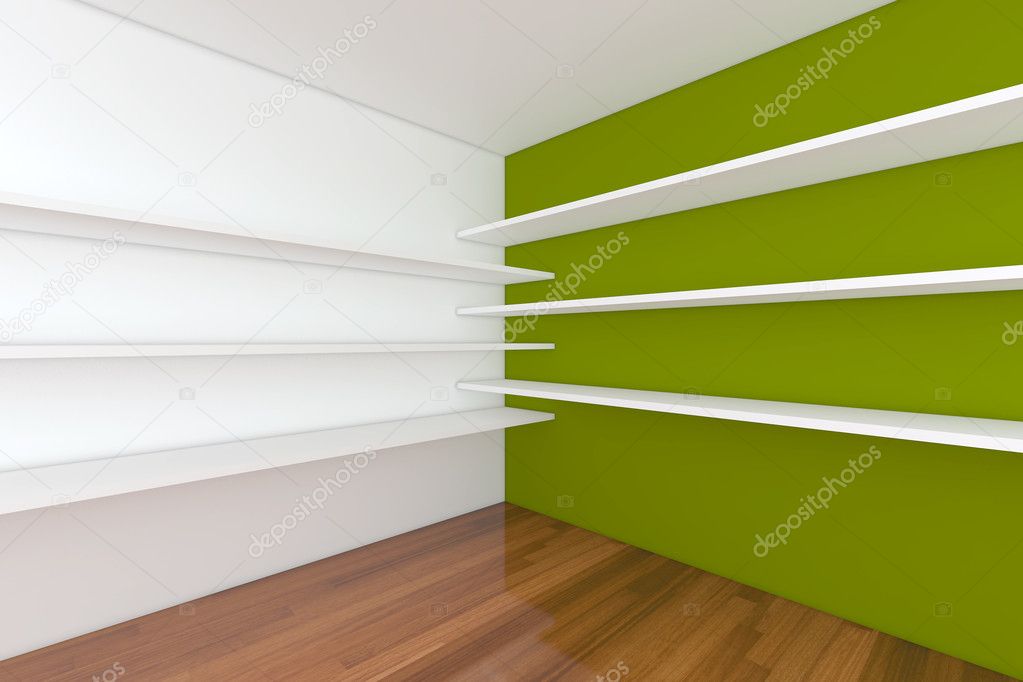 Shelves with empty green room