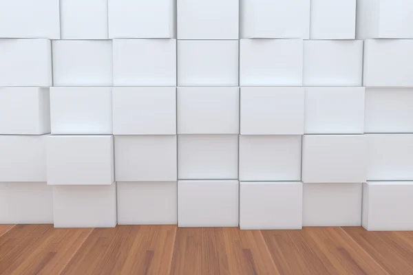 Caja blanca en blanco 3D con piso de madera para fondos —  Fotos de Stock