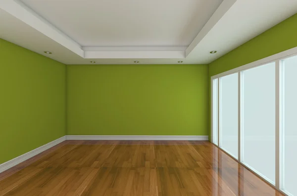 Boş oda dekore edilmiş yeşil duvar ve ahşap zemin — Stok fotoğraf