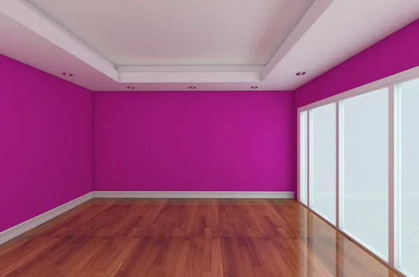 Quarto vazio decorado parede roxa e piso de madeira — Fotografia de Stock