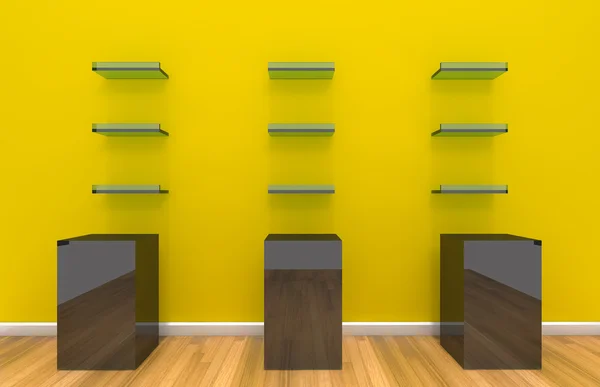 Hyllorna på gul färg vägg — Stockfoto
