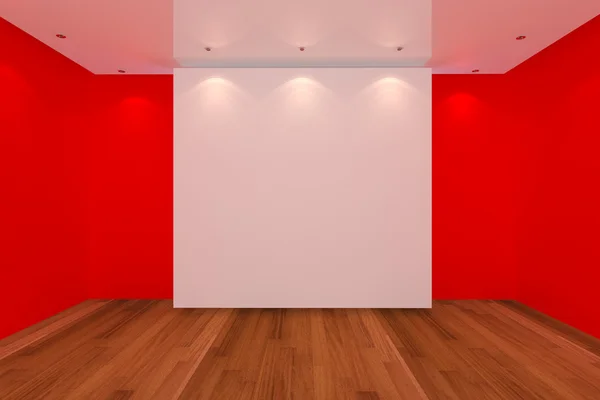 Sala vazia parede vermelha e piso de madeira — Fotografia de Stock