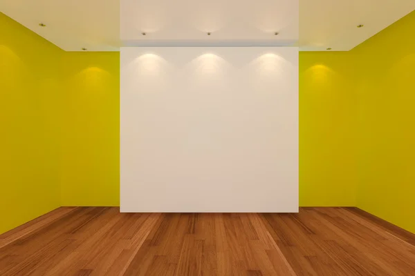 Sala vazia parede amarela e piso de madeira — Fotografia de Stock