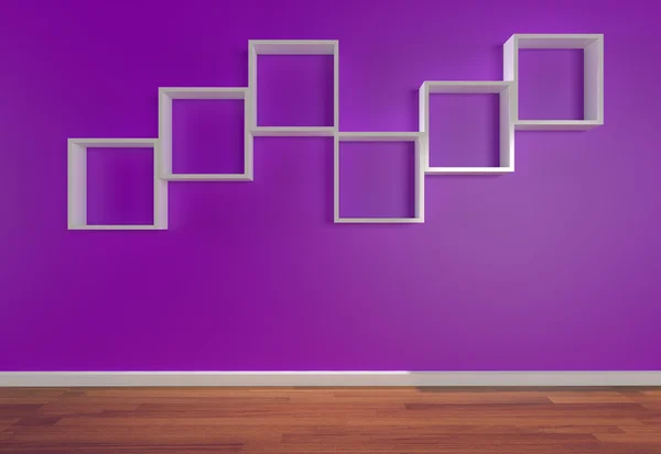 Box hyllor på lila vägg — Stockfoto
