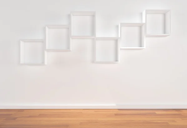 Prateleiras de caixa na parede branca — Fotografia de Stock