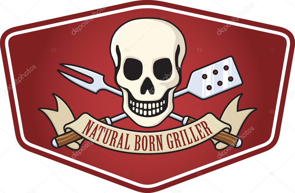 Barbecue logo based on the classic skull and crossbones pirate flag. Features skull and crossed barbecue utensils and a banner proclaiming what every man is at heart: a Natural Born Griller! Fire up those grills boys!