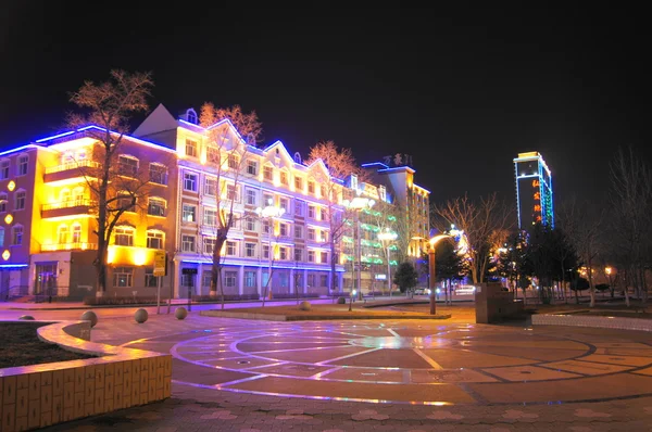 Vista da rua Heihe cidade à noite — Fotografia de Stock