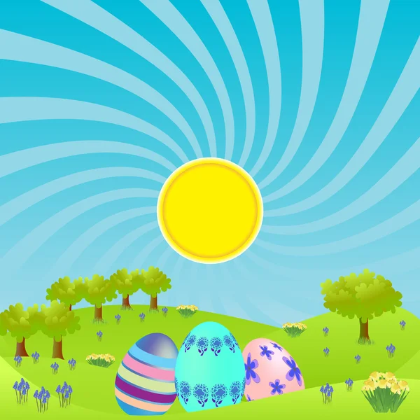 Morning landscape with easter eggs — Stock Vector