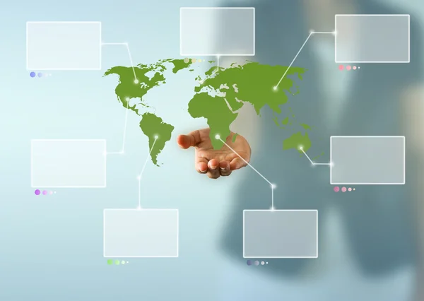 Carte du monde ci-dessus femme d'affaires main avec des écrans virtuels blancs — Photo