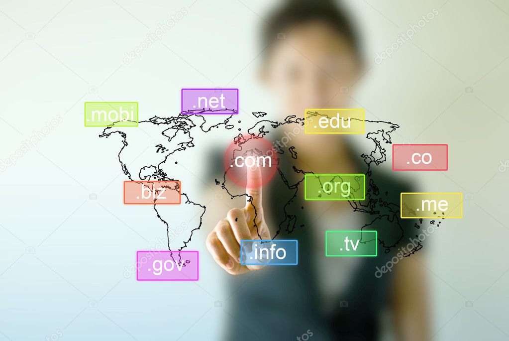 Business woman hand touching on Domain names icon