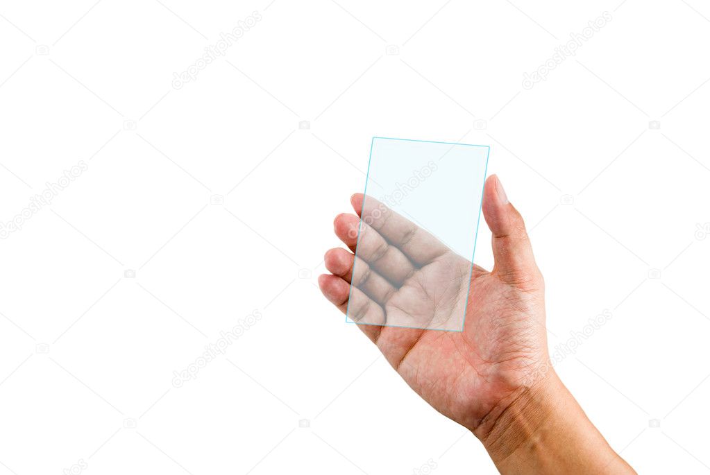Hand holding transparent plastic device isolated on white background