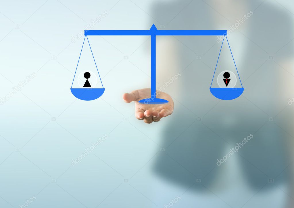 Classic scales of justice on business woman hand with abstract male and female