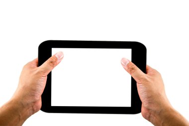 el ile boş bir ekran beyaz zemin üzerine izole tablet tutarak