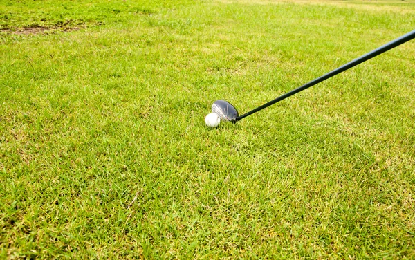 Pallone da golf e golf club con erba verde — Foto Stock