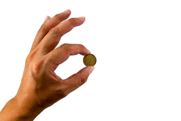 Moeda de euro na mão isolada em branco com caminho de recorte — Fotografia de Stock